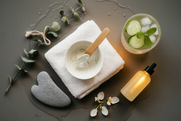 Luxurious flat lay featuring spa essentials with soothing textures and refreshing elements