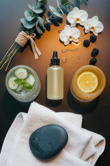 Luxurious spa flat lay with essential oils, fresh ingredients, and soothing textures for relaxation