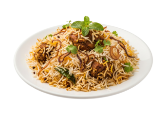 chicken biryani on white plate with cilantro garnish