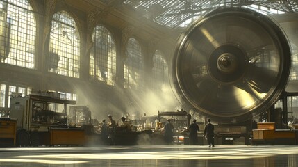 Large industrial machine in a vast, sunlit factory hall.