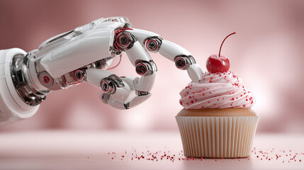 Robotic arm placing cherry on cupcake illustrating artificial intelligence and food technology 