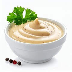 Creamy condiment swirl in pristine white bowl, garnished with vibrant green parsley, presented on a seamless white background