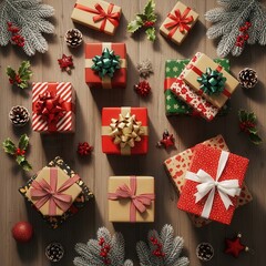 Traditional christmas gifts and festive decorations flat lay composition arranged beautifully on rustic weathered wooden table background