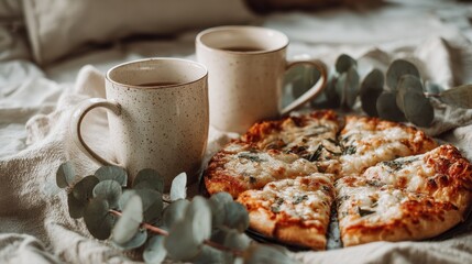 Rustic Pizza Breakfast with Coffee on Linen