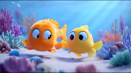 best friends cartoon of two cute, cheerful orange and yellow fish swimming happily side-by-side in a vibrant underwater coral reef, symbolizing aquatic friendship.
