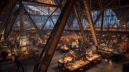 Interior view of a large, industrial facility with multiple workstations.