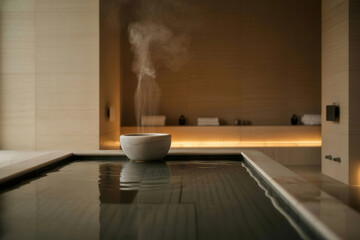 Spa water feature with steam rising from bowl in tranquil indoor setting with soft lighting