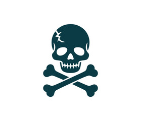 A dark teal skull and crossbones symbol on a white background