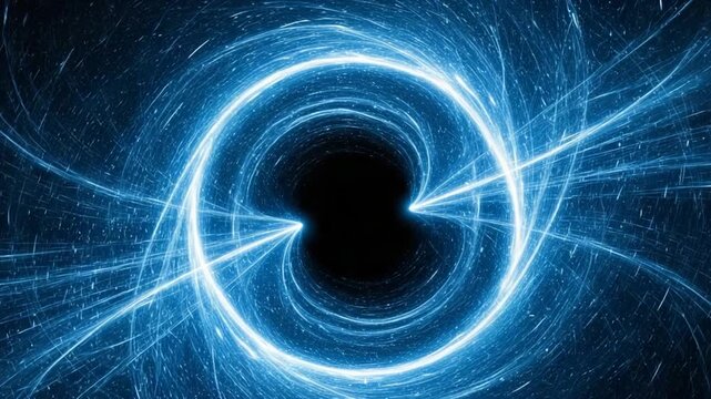 Cinematic Black Hole Visualization with Swirling Blue Accretion Disk and Intense Gravitational Pull, Perfect for Science and Astronomy Concepts