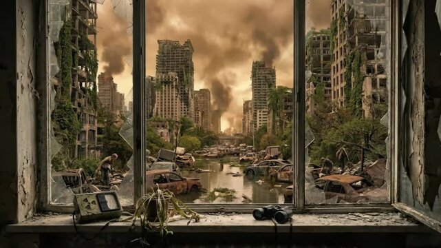 View of apocalypse window realistic animation sharp focus on the broken glass frame and the cluttered windowsill with a small potted plant binoculars and a broken Geiger counter while looking out at a