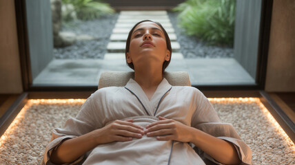 Woman in gray robe lying on a stone surface with hands on stomach in a spa setting