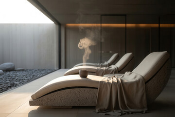 Luxury spa lounge area with two chaise lounges, soft blankets, and steaming cup on a stone surface