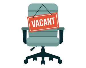 An office chair with a vacant sign hanging on it, indicating an empty job position.