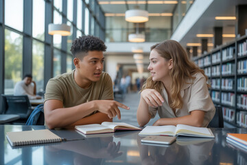 Engaged young students collaborating at a library table with books and notebooks surrounding them