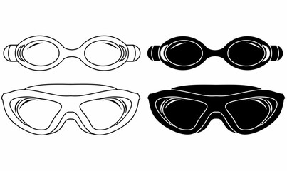 Goggles, or safety glasses icon set, outline and silhouette isolated on white background.