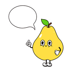 Yellow pear character pointing up with speech bubble