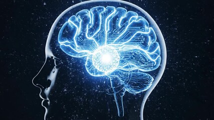 Human head outline with glowing circuit board pattern within the brain for artificial intelligence concept. Digital data processing. - Powered by Adobe