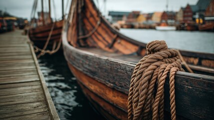 Obraz premium Coiled Rope on Wooden Longboat at Dock