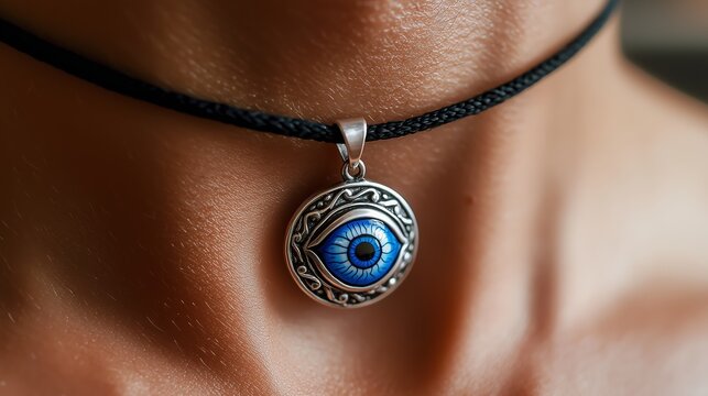 Evil eye pendant necklace on neck. Close-up of blue eye amulet in silver frame on black cord, skin and collarbone detail, protection talisman jewelry.