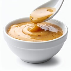 Golden honey mustard dressing being poured into a pristine white ceramic bowl