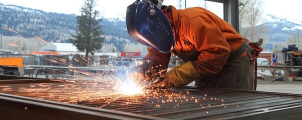 Welder performing arc welding on metal structure, creating bright sparks in an industrial fabrication shop