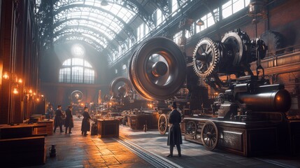 A large, cavernous industrial hall filled with intricate machinery.