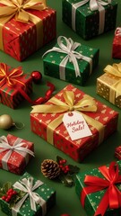 Holiday sale presents on green background