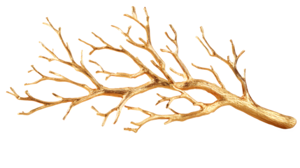 A stylized tree branch made of solid gold with smooth surface and intricate details against a white background for luxury and elegance with metallic