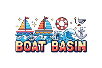 Colorful nautical themed design with sailboats and waves in pixel art style