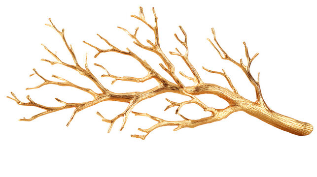 A stylized tree branch made of solid gold with smooth surface and intricate details against a white background for luxury and elegance with metallic