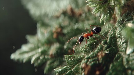 Red and Black Ant on Green Pine Tree Branch.