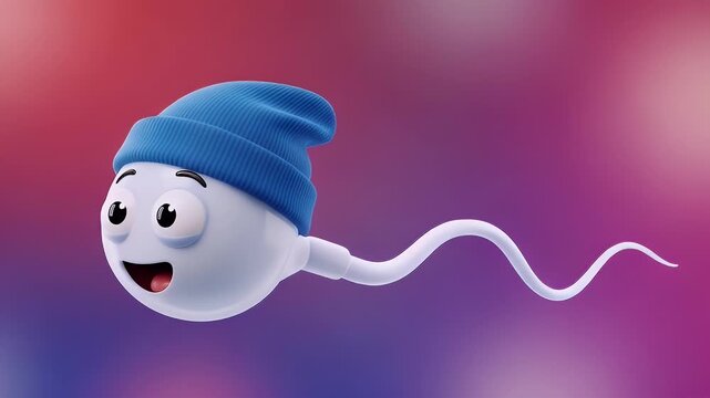 cartoon sperm character with blue beanie in colorful gradient background