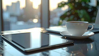 Modern Workspace with Coffee: A tranquil scene of a modern workspace with a steaming cup of coffee alongside a tablet and a laptop, all bathed in the warm morning light.