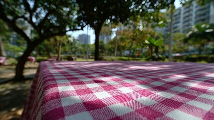 Red and White Checkered Tablecloth in Park.