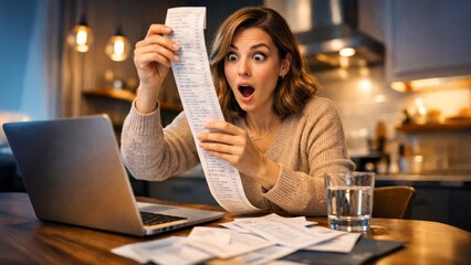 Shocked woman reviewing a long receipt and household bills on laptop at home, reacting to high expenses and budgeting pressure.