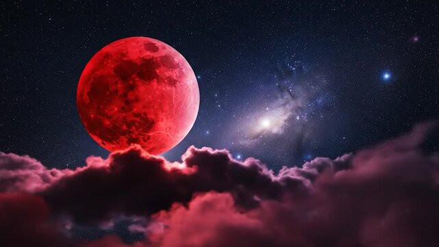 Blood moon emerges through ominous clouds in cosmic night sky.