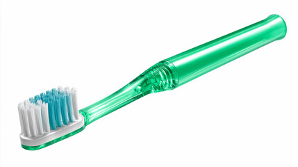Green toothbrush with blue and white bristles for dental care