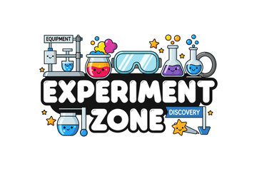 Naklejka premium Fun science experiment zone with cartoon lab equipment and smiling beakers