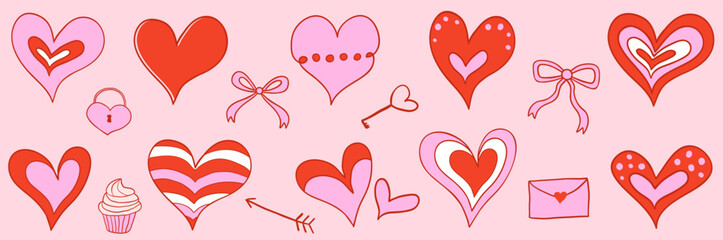 Romantic coquette doodle vector set with hearts, bows and love elements for Valentine's Day designs and greeting cards