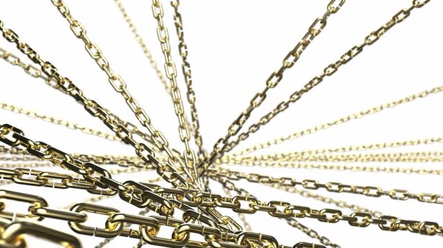 Gold metal chains jewelry knot on white bg able to loop endless 4k