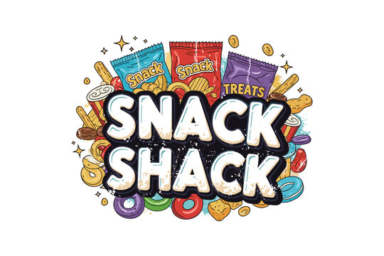 Colorful snack shack design featuring assorted treats and bold typography