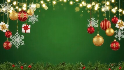 Traditional christmas horizontal background with hanging decorations sparkling lights and a bottom border of pine holly garland