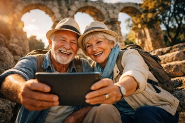 Smiling senior couple taking a selfie with a tablet while traveling, active retirement and tourism concept.