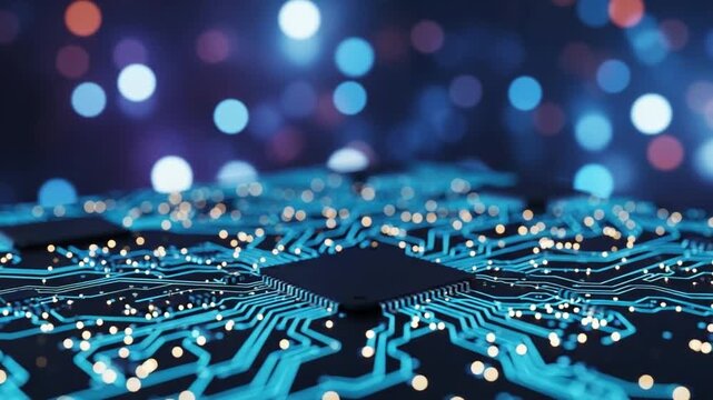Cinematic Close-Up of Microchip Circuit Board with Neon Blue Lighting and Glowing Nodes, Perfect for Technology and Innovation Concepts