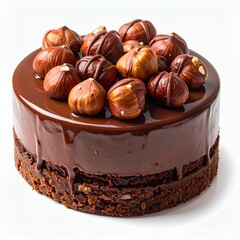 Delectable chocolate cake adorned with glossy glaze and scattering of hazelnuts against white background