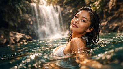 Young asian woman swimming in a natural pool near a waterfall, tropical travel vibe with sparkling water and relaxed summer portrait.