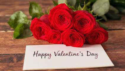 Romantic Valentine's Day roses bouquet with Happy Valentine's Day card