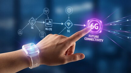 Hand interacting with futuristic 6G network interface on smartwatch