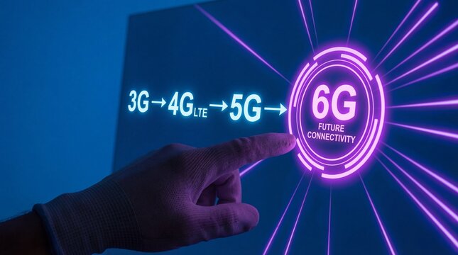 Hand touching 6G future connectivity neon button on screen - Powered by Adobe