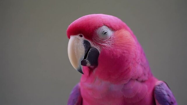 Pink-purple parrot close-up, gray backdrop